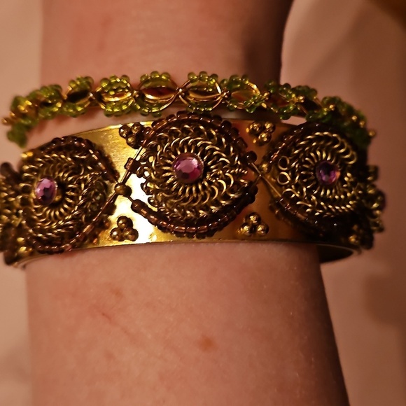 Gold Toned, Purple and Green Gemstones, Two Bracelet Set - Picture 2 of 5